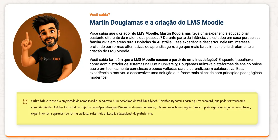 Card Você sabia sobre Martin Dougiamas, criador do LMS Moodle, com ilustração do instrutor da Expert EAD